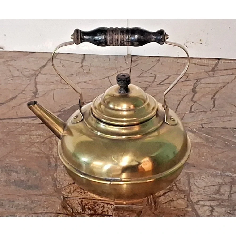 Vintage S & C‎ Chubby Brass Teapot With Black Wooden Handle